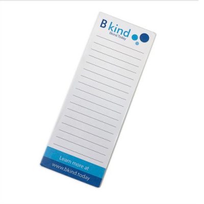 A notepad with blue and white writing on it.