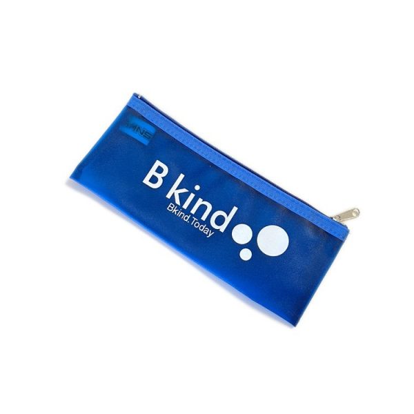 A blue pencil case with the words " blind ".