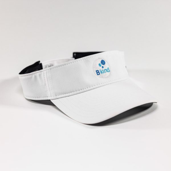 A white visor with a blue logo on it.