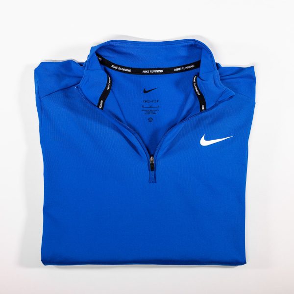 A blue nike shirt with an open zipper.