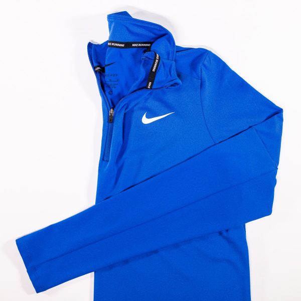 A blue nike jacket is shown on top of a white background.