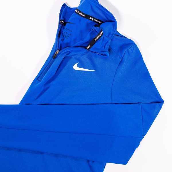 A blue nike jacket with an open hood.