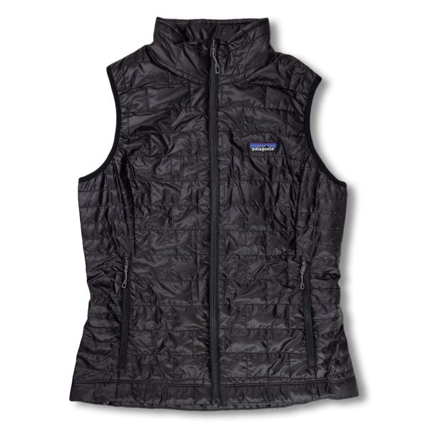 A black vest with a blue logo on it