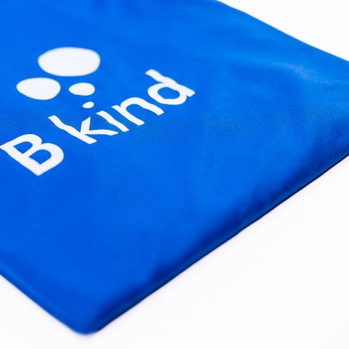A blue bag with the word " b kind " on it.